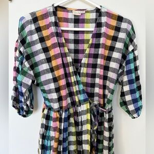 Beyond Nine Rainbow Plaid Linen Wrap Dress